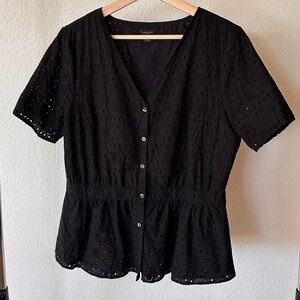 Ann Taylor Black Eyelet Button Up Peplum Top, SIZE 10